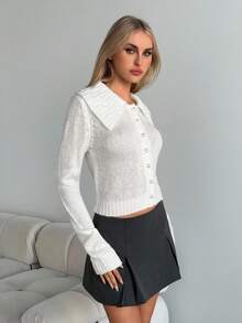 SHEIN EZwear Collared Solid Color Button Front Fitted Cropped Long Sleeve  Cute Knit Cardigan Sweater,Fall Clothes For Women,Back To School Clothes - White - View 3