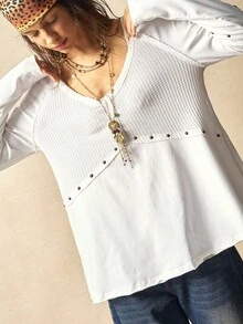 Bohemela 女士休闲纯色V领长袖宽松T恤 - 白色 - 查看 6