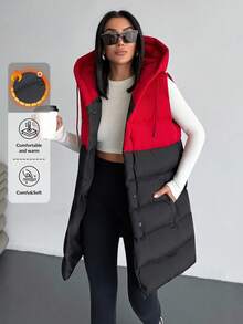 EURMUSE Woman 2 Colored Dark Red Sleeveless Padded Drawstring Detailed Hoody Neck Front Snap Button Up Midi Length Autumn Coat Casual Baggy Everyday Hiking - Multicolor - View 1