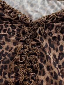 ROMWE Hippie Plus Size Vintage Off Shoulder Flare Sleeve Ruffle Hem Leopard Print Sheer Blouse For Women - Brown - View 3