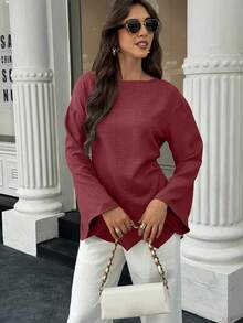 EMERY ROSE Women's Solid Color Asymmetric Hem Elegant Office Long Sleeve Blouse - Burgundy - View 3