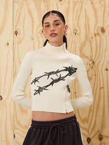 COUREZ Asymmetric Zip Up Fitted Rib Knit Jumper With Graphic /Y2K Going Out For Women Spring For Women Going Out Tops Rave Women's Spring Sweater - Apricot - View 4