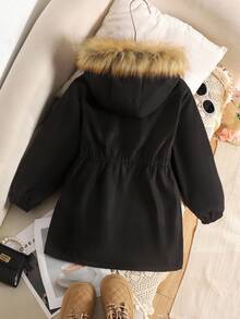 SHEIN Áo khoác trùm đầu lót lông thú giả cho bé gái tuổi mới lớn, họa tiết in, khóa kéo, tay dài dáng rộng, màu đen, thu/đông - màu đen - Xem 3