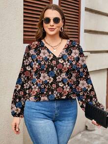 EMERY ROSE Plus Size Women Floral Pattern V-Neck Lantern Sleeve Loose Casual Blouse, Suitable For Spring And Summer Woman S Summer Clothes - Multicolor - View 4