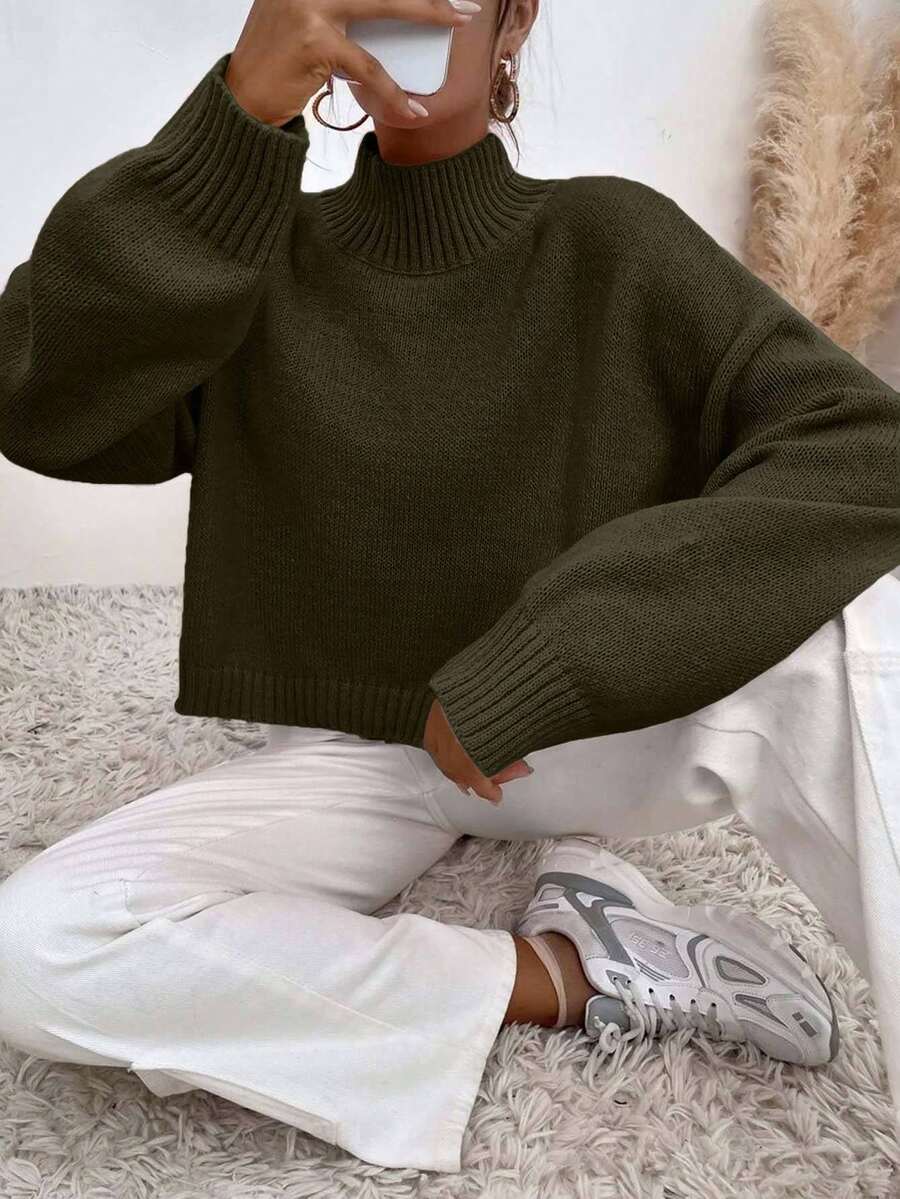 EURMUSE Women's Solid Color High Neck Drop Shoulder Long Sleeve Casual Pullover Sweater, Autumn/Winter - Hijau Tentara - View 1