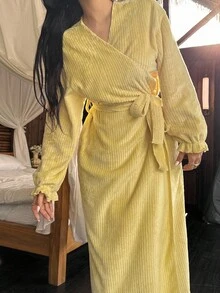 DAZY Women's Long Striped Textured Fleece Robe With Ruffle Hem, Autumn/Winter, Fall Winter Pajama, Cozy Outfit