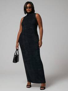 MUSERA Robe longue moulante à col montant sans manches grande taille pour les sorties en automne, hiver, période des fêtes et vacances