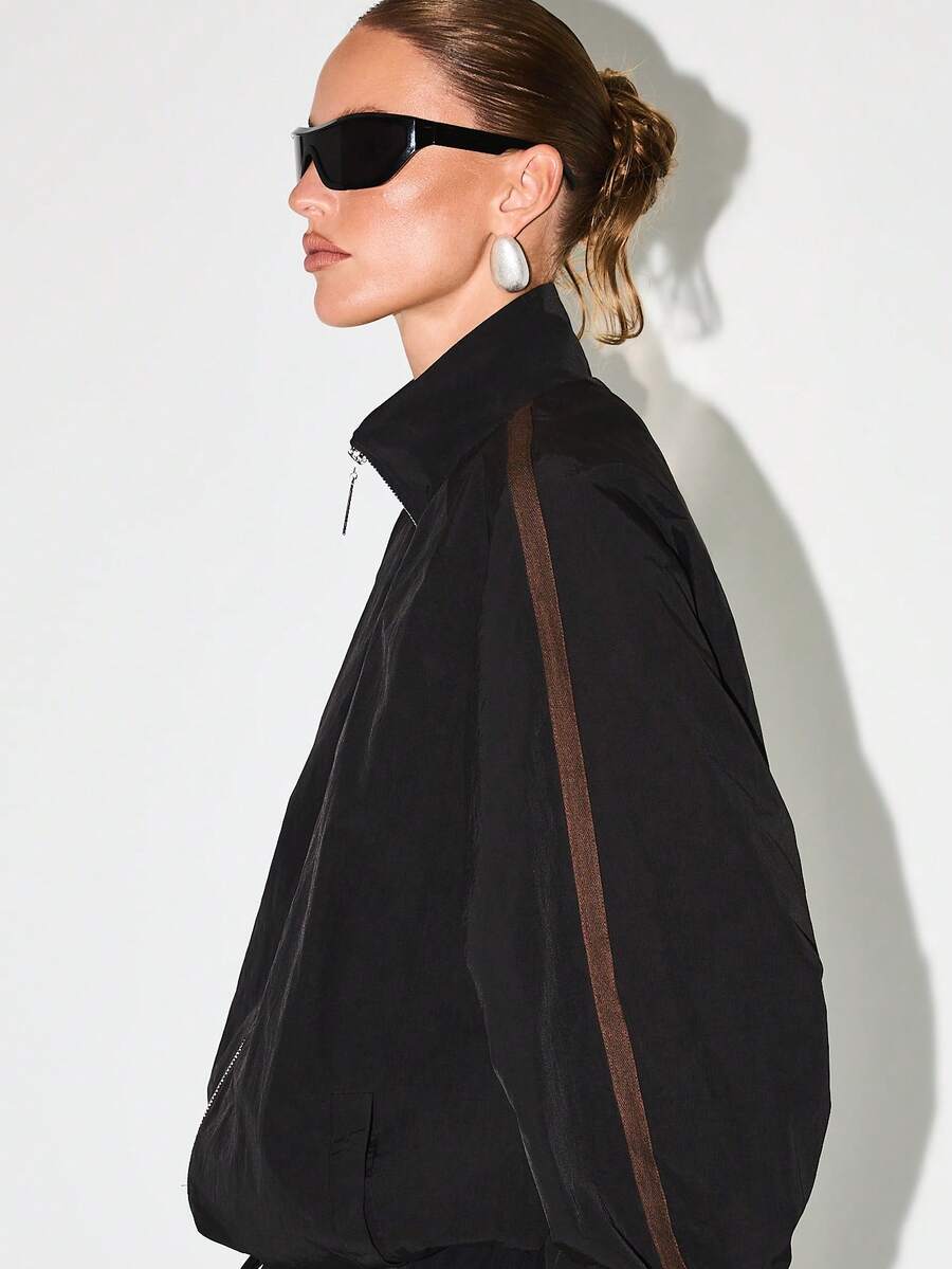 KIZN 女式风衣夹克轻便全拉链运动夹克立领运动外套棕色条纹细节秋季春季时尚休闲街头风格运动时尚 - 黑色 - 查看 1