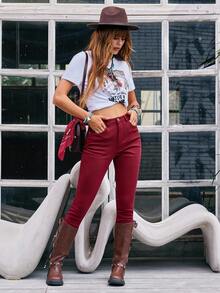 EMERY ROSE 纯色紧身纽扣门襟休闲百搭牛仔裤酒红色裤子女士红色裤子女式裤子高腰裤高腰裤 - 酒紅色 - 查看 2