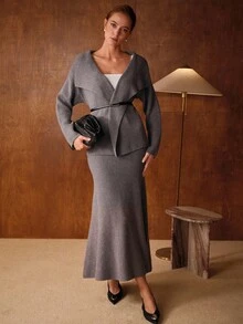 MOTF PREMIUM CÁRDIGAN CON CINTURÓN Y CUELLO DE CASCADA - Gris - Ver 6
