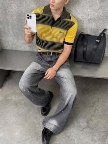 Manfinity VCAY Men's Casual Contrast Stripe Polo Collar Short Sleeve Sweater, Fall, Winter - Yellow - View 1