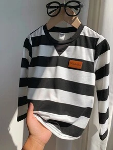 TaviRue 男童学院风黑白条纹长袖套头T恤，兄弟姐妹套装，加厚保暖内衬，适合冬季穿着 - 黑與白 - 查看 9
