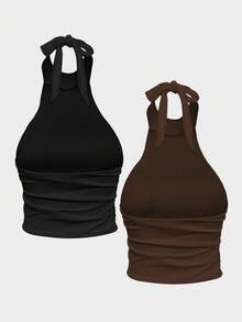 Femesol Áo crop top hở lưng không tay màu đen và nâu 2 mảnh, áo, áo thanh lịch cao cấp, áo dạ hội, áo rave lễ hội, thời trang đường phố, áo sinh nhật nữ, áo thu đông, áo Halloween, áo lấp lánh, áo hòa nhạc, áo câu lạc bộ, áo đêm hẹn hò - Nhiều màu - Xem 3