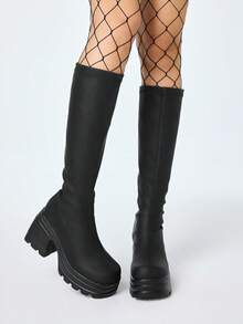 ROMWE Women's Gothic Punk Rock Side Zipper Wedge Heel Riding Boots, Y2K Lace-Up Motorcycle Boots, Slip-On Elastic Knee-High Boots - Black - View 1