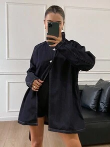 DAZY Women's Stand Collar Belted Loose Urban Casual Denim Jacket And Coat Fall/Winter - Dark Wash - View 5