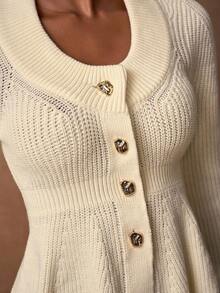 Zivah Autumn/Winter New Long Sleeves Ruffled Hem, Slim Metal Buckle Decoration, Striped Ribbed Woolen Top + Body-Hugging Skirt, Long H-Shaped Straight Skirt, Mid-High Slit Skirt, Woolen Suit, Beige Women's Sweater  Elegant Women's Set  New Year Clothes - White - View 8