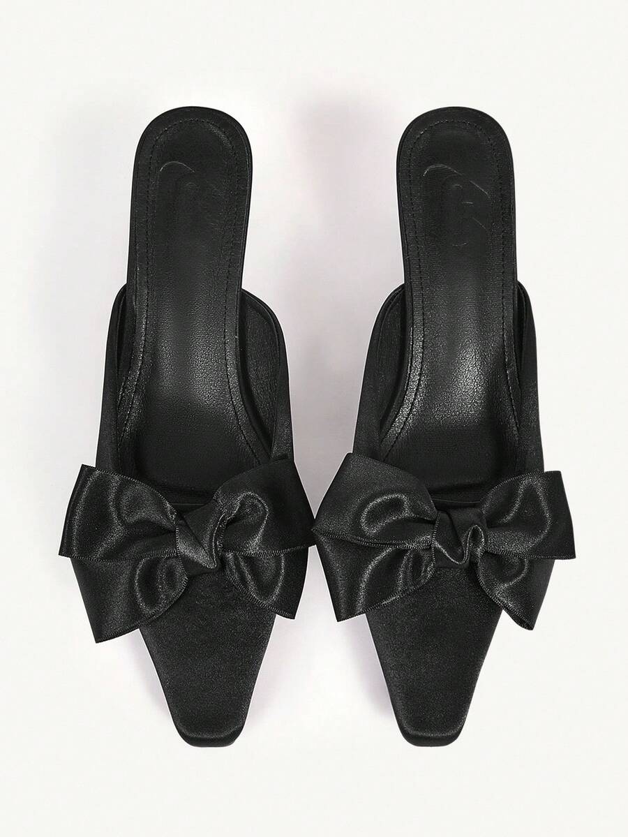CUCCOO CHICEST Women's Elegant Bow-Knot Square Toe Block Heel Pumps, Romantic Fashion Gothic Black Satin High Heels, Mules, Dress Shoes For Formal, Party, Date, Thanksgiving, Christmas, Valentine's Day - Black - View 1