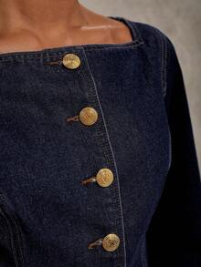 COSMINA Áo denim nữ cổ vuông tay dài, cài nút đơn thời trang, mùa thu - Rửa tối - Xem 2