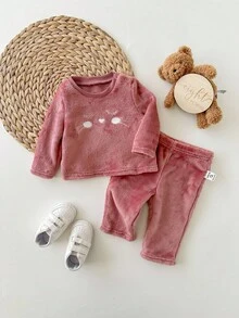 SHEIN 2件装 新生儿 休闲简约可爱 腰带抓绒双面绒材质 可爱表情图案 圆领纯粉色卫衣长裤套装 适合生日派对 晚会 演出 婚礼 洗礼 开幕式 适合日常 适合外出 适合旅行 适合秋冬 - 粉色 - 查看 3