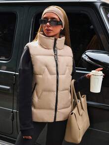 EURMUSE Áo khoác mùa đông cho nữ cổ đứng kẻ caro có khóa kéo có đệm cách nhiệt bằng chất liệu tổng hợp Polyfill cách nhiệt Áo khoác mùa đông Áo vest thu đông - Kem - Xem 4