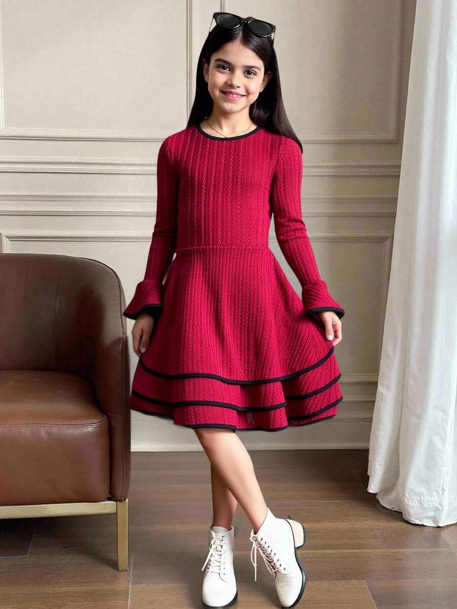SHEIN 青少年女孩优雅勃艮第拼布对比黑色滚边分层下摆喇叭长袖连衣裙,适合秋冬季休闲日常穿着和上学 - 酒紅色 - 查看 1