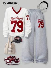 SHEIN Set da 2 pezzi Stile universitario casual: top a maniche corte con scollo a V e spalle scoperte e pantaloni larghi lunghi per ragazze adolescenti