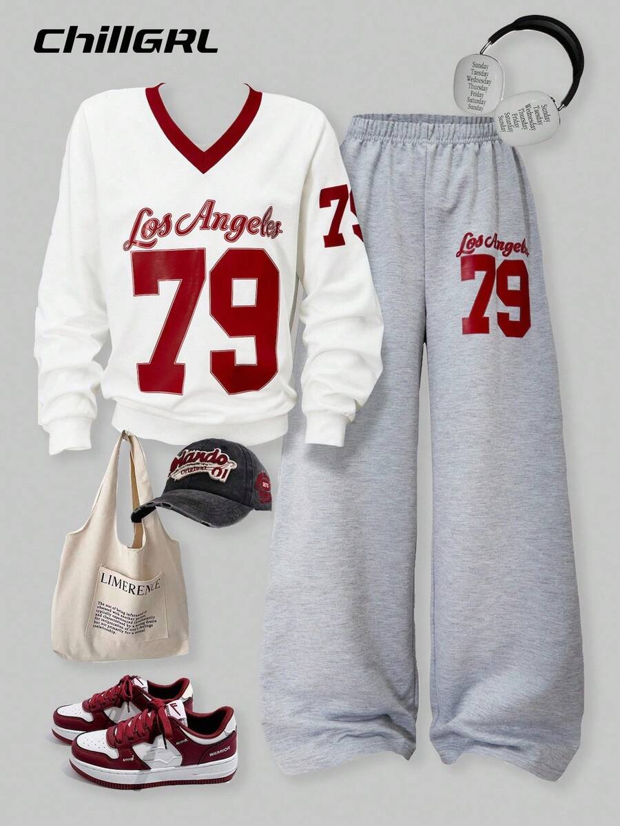 SHEIN Set da 2 pezzi Stile universitario casual: top a maniche corte con scollo a V e spalle scoperte e pantaloni larghi lunghi per ragazze adolescenti