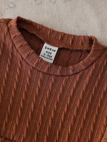 SHEIN Playful Pals 2件套春秋新款韩版时尚宝宝/女童针织提花拼布衬衫上衣+修身喇叭裤套装 - 咖啡棕 - 查看 6