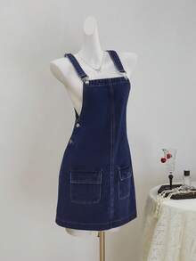 SHEIN MOD Women's Casual Versatile Washed Denim Dress - Dark Wash - View 7