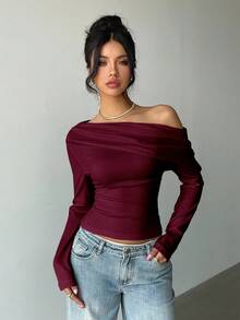 Aloruh Women's Casual Asymmetric T-Shirt With Twist Detail, Solid Color Long Sleeve Knit T-Shirt, Suitable For Autumn/Winter, Elegant For Dates And Everyday Wear,Red Top