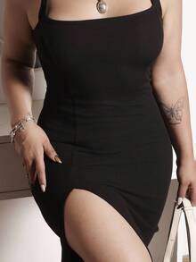 Lupita Cardoza 高弹力罗纹针织宽带女式高开叉修身长裙，女士度假装 - 黑色 - 查看 6