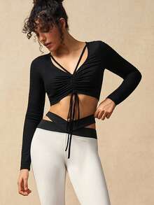 VARSIVA T-shirt de sport ajusté à manches longues avec design à cordon de serrage, couleur unie pour femmes - Noir - Voir 9