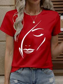 SHEIN LUNE 女式休闲脸部印花图案 T 恤，新年度假服装图案 T 恤女式上衣