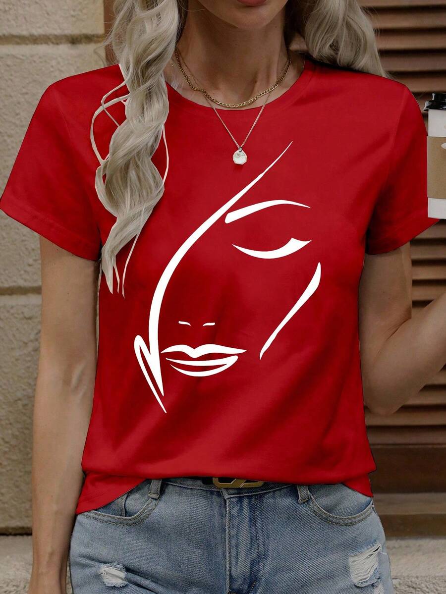 SHEIN LUNE 女式休闲脸部印花图案 T 恤，新年度假服装图案 T 恤女式上衣