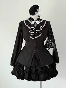 Sunspun Plus Size Women's Casual Black Ruffle Collar Tie Long Sleeve Shirt - Black - View 6