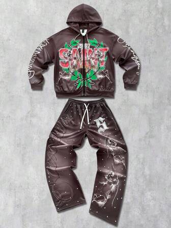 Street Life Men's Hooded Sweatsuit, Angel Child English Graphic Print Street Style Hoodie Set, Autumn/Winter