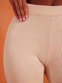 NYA SZN Conjunto Feminino (Top e Calça) Top de Manga Curta Ajustada, Calça Cintura Alta Ajustada em Malha Canelada, Roupas Casuais do Dia a Dia, Aeroporto, Férias, Loungewear para Mulheres - Damasco - Visão 3