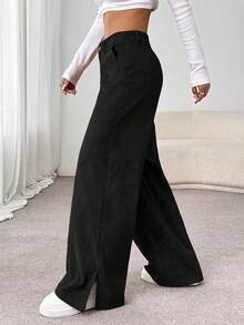 SHEIN Unity Quần ống đứng dài đến sàn rộng rãi, vải nhung kẻ xẻ hở, mặc mùa thu/đông, giúp thon gọn cho phụ nữ - màu đen - Xem 7