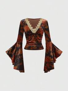ROMWE EDITION Damen Vintage Blumen Allover-Muster Kontrast Spitze Glockenärmel V-Ausschnitt figurbetontes Samt Top, Halloween Hexen Thema, Herbst/Winter - Verschiedenfarbig - Übersicht 1