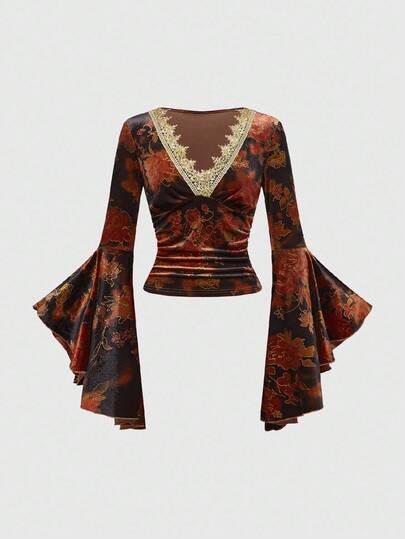 EDITION Blusa da donna in velluto con stampa floreale vintage, scollo a V, maniche a campana, dettagli in pizzo a contrasto, tema da strega di Ognissanti, adatta per autunno/inverno