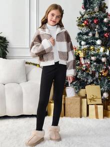 SHEIN Tween Girl Rutig fleece med ståkrage, långärmad kort plyschjacka, höst och vinter, flanelljacka, avslappnad rutig jacka, höstvinter, mamma och jag matchande, höstvinter - Kaki - Visa 8