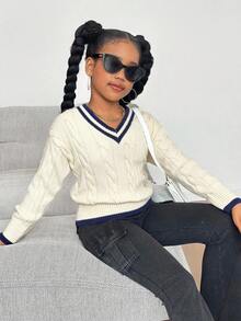 Tween Girl 纯色条纹细节 V 领条纹麻花针织休闲毛衣，秋冬保暖，返校日穿 - 杏色 - 查看 6