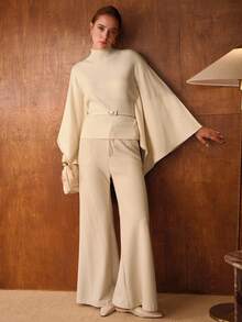 MOTF PREMIUM HIGH NECK BATWING SLEEVE RIBBED KNIT SWEATER TOP - Apricot - View 5