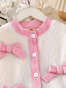 Genkimix Kids 两件套女童粉白针织毛绒蝴蝶结开衫外套和百褶裙套装，甜美可爱，春秋冬装