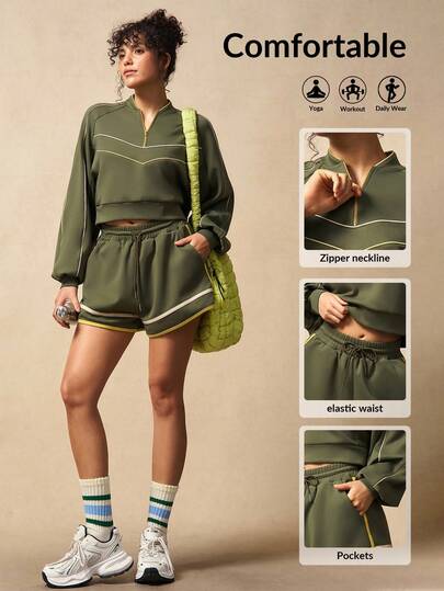 VARSIVA 2pcs/Set Contrast Trim Sweatshirt And Shorts Sports Outfit