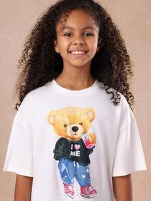 SUMWON Conjunto de pijama de manga corta con estampado de oso de peluche para niñas, ropa de dormir de verano con estampado gráfico lindo, conjunto de pijama a rayas corto para preadolescentes, casual para vacaciones - Multicolor - Ver 5