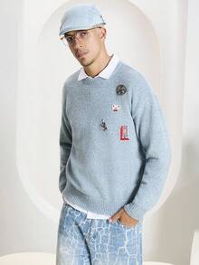 Manfinity CasualKnits Men's Casual Embellished Sweater, Autumn/Winter - Baby Blue - View 3