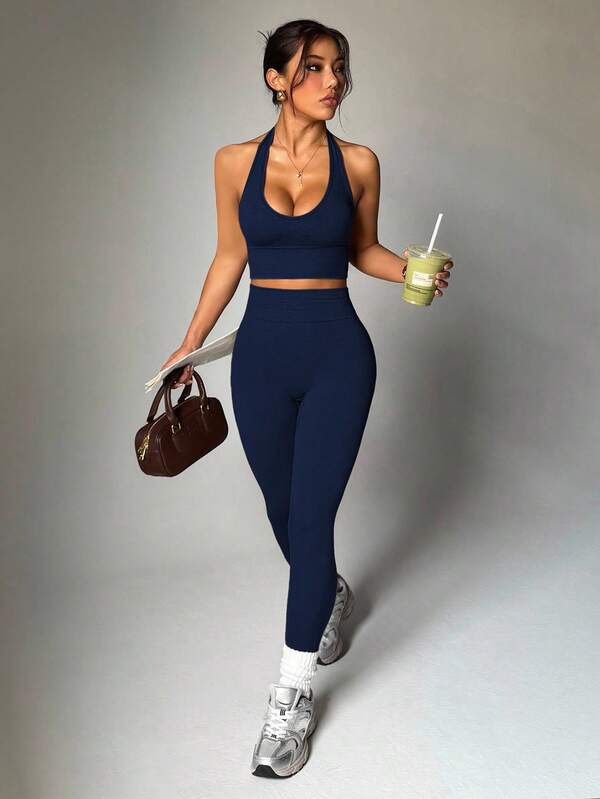 Dewbera Women's Solid Color Minimalist Daily Halter Top And Pants Sports Suit