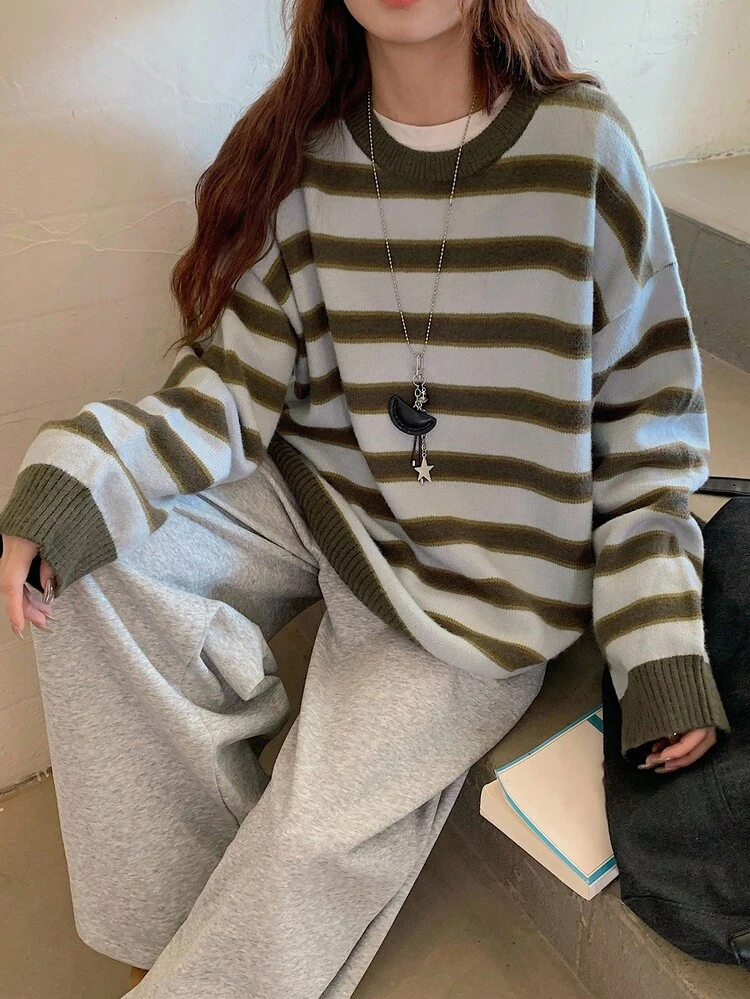 Women's Casual Loose Striped Patchwork Pullover Sweater, Fashion Business Streetwear Style, Autumn/Winter