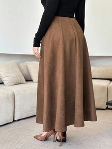 Modelyn Plus Size Minimalist Solid Color Suede A-Line Skirt, Suitable For Spring And Autumn - Brown - View 2